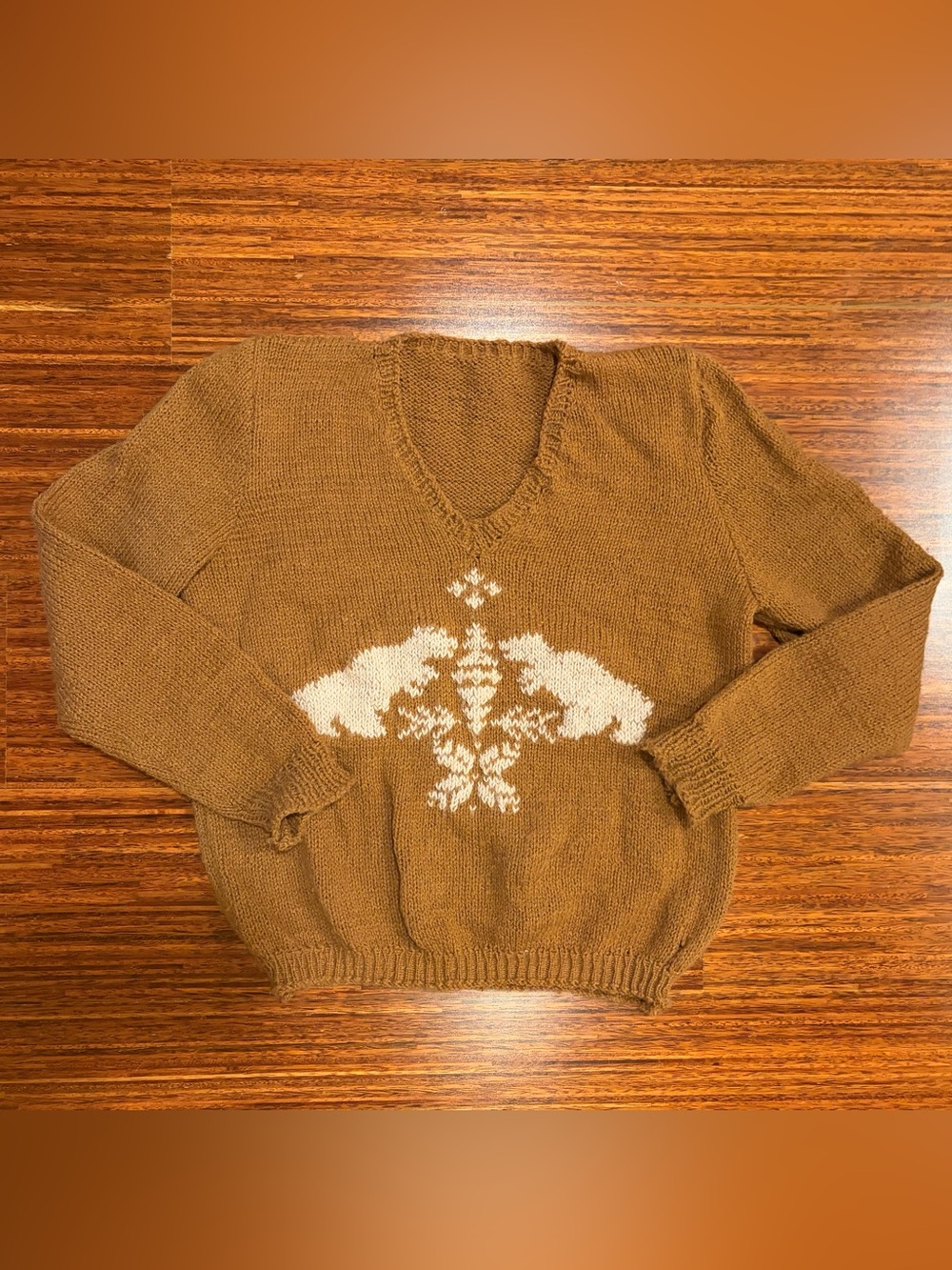 One-of-a-Kind Hand-Knit Bear & Snowflake V-Neck Pullover women’s medium brown